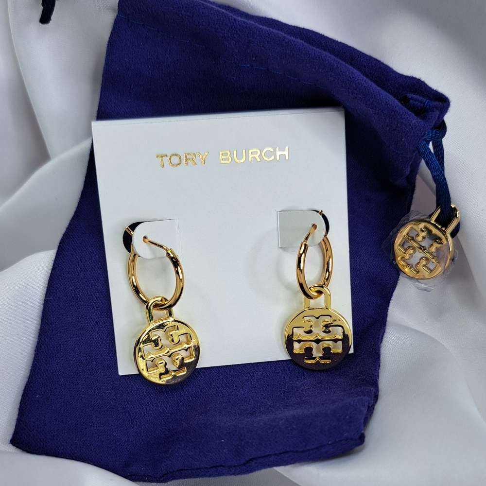 TORY BURCH GOLD HOOP EARRING W/INTERCHANGABLE CHARM BANGLES